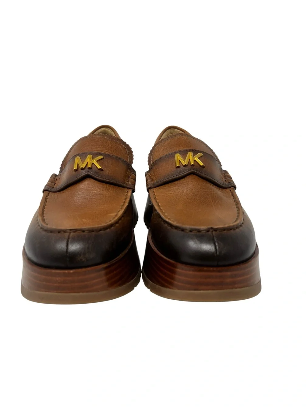 Michael Kors Brown Leather Platform Loafers with Gold MK Accent